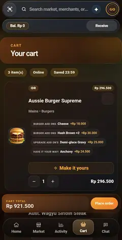Layar keranjang Speedway Go dengan opsi produk dan checkout