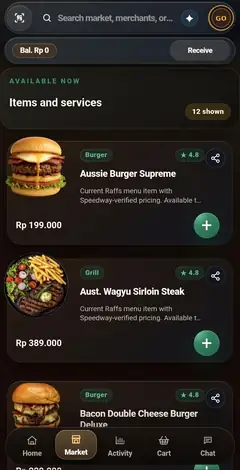 Layar market Speedway Go yang menampilkan produk di sekitar